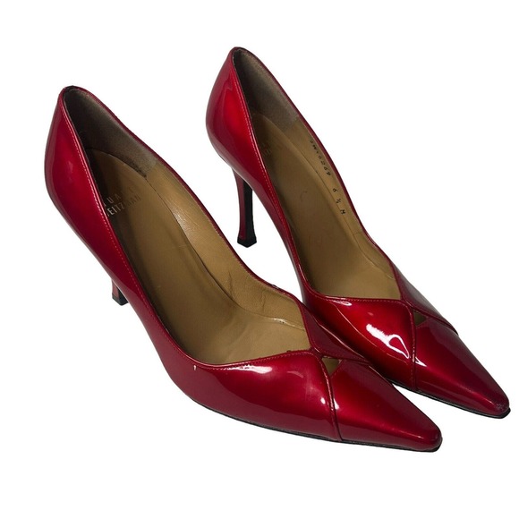 Stuart Weitzman SZ 6.5 Red Patent Leather Pointed Toe Candy Apple Slip on Pumps - Picture 2 of 10